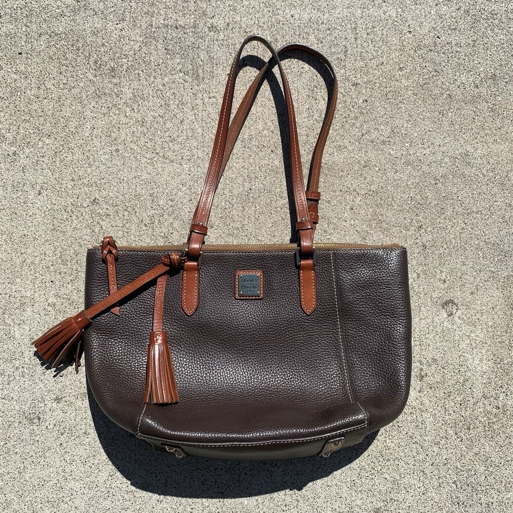 Dooney & Bourke Dark Brown Wexford Leather Maxine Tote Tassel Red Interior